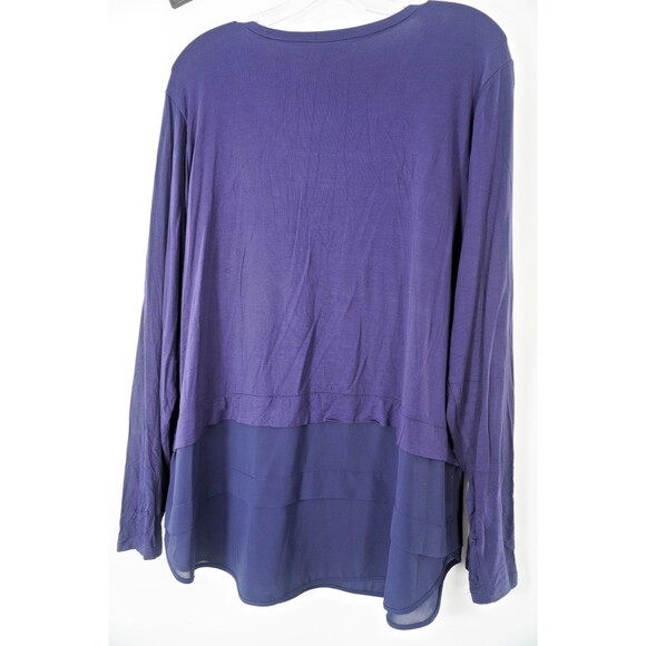 Michael Kors Size 2X Navy Blue Mixed Media Tiered Chiffon Hem Blouse Logo Charm - Picture 4 of 10